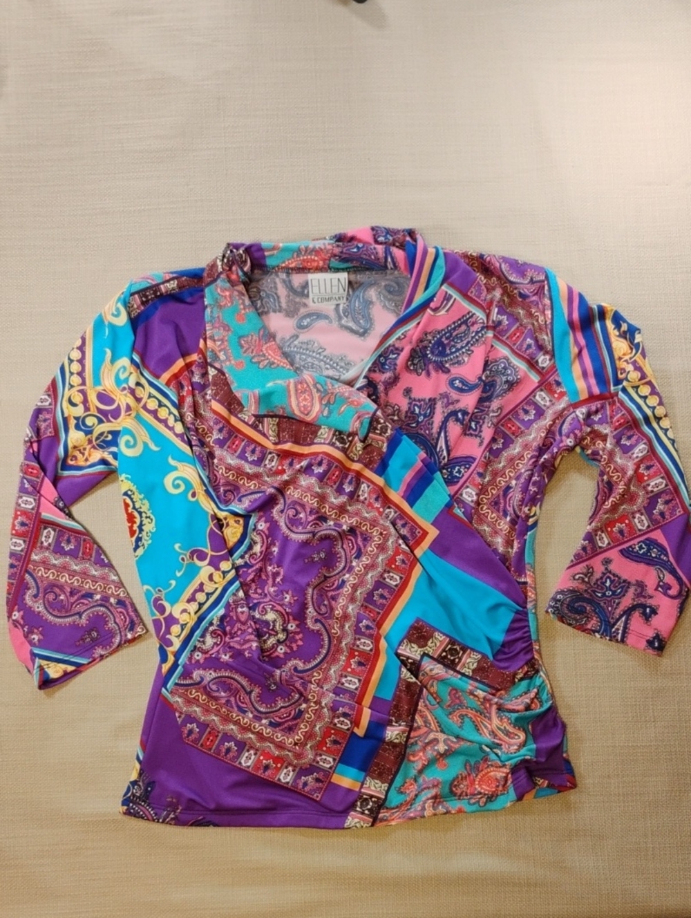 Ellen Tracy Girls' Multicolor Patchwork Blouse - Purple/Turquoise/Pink